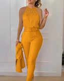 GETADME Two Piece Set Women Outfit 2025 Summer Fashion Hollow Out Round Neck Sleeveless Tank Top & Casual Pocket Daily Pants Set