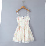 GETADME Summer 2025 Women Lace Spliced Floral Print Sling Mini Dress Low Waist A-line Sexy Elegant Party Dresses Holiday Robe