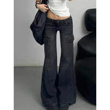 GETADME ZHIZOU Streetwear Vintage Black Jeans Women American Y2K Slim High Waist Flare Denim Pants Casual Multiple Pockets Denim Trouser