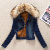 GETADME 2025 Autumn Winter Fleece Denim Jacket Women Big Fur Collar Short Coat Thicken Velvet Liner Warm Tops Lady Jean Coat Outerwear