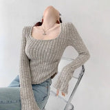GETADME Sexy Pullovers Women Off Shoulder Cropped Knitted Basic Clothes Autumn All-match Side Slit Simple Tender Slim Gentle Seductive