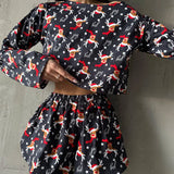 GETADME Women's Loungewear Two Piece Sets Elk Deer Stars Printed Long Sleeve Crew Neck Top and Loose Shorts Christmas Party Outfits