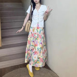 GETADME 플로럴 케이크 하와이안 스커트 유화 스타일 봄 여름 A라인 스커트 튤 스커트 한국 스트리트웨어 Y2K 롱 스커트 여성