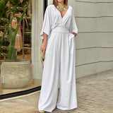 GETADME Elegant Deep V Neck Fashion Women Jumpsuit Bat Sleeves High Waist Wide-leg Loose Commuting Party Club Romper 2025