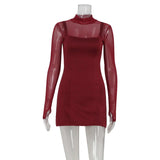 GETADME Women O Collar Mesh Splicing Long Sleeve Spring Newly Simple Mini Dresses Elegant Bag Hip Bodycon Ladies Evening Party Prom Robe