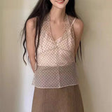 GETADME Korean Ins Same Lace Wave Point Camisole Dress Womens Mesh Sleeveless Mid Length Cover Up Dress Summer New Y2K Girl Spicy Girlsf