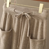 GETADME 가을 겨울 100% 순수 울 스커트 여성용 롱 포켓 스몰 A 스커트 하이웨이스트 슬림 캐시미어 니트 A라인 스커트