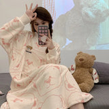 GETADME Winter Warm Pajamas Coral Fleece Long Sleeve Dresses Midi Length Cartoon Student Flannel Home Nightdress Striped Thickened Pajam
