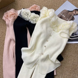 GETADME New Year's Pink Three-dimensional Flower Long-sleeved Slim Top French One-line Base Short Sweater