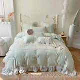 GETADME 3/4Pcs Korean Princess-Style Bow Lace Ruffle Green Bedding Set 2-Person Boiled Cotton Bed Linen Duvet Cover Pillowcase Included