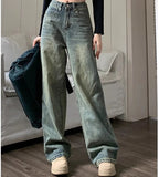 GETADME Retro Washed Vintage Jeans For Women In Autumn And Winter High Waisted Straight Leg Loose Wide Leg Pants Casual Pants
