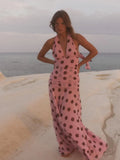 GETADME Pink Chiffon Polka Dot Printing Halter Maxi Dress Women Elegant Sleeveless Backless Skinny Pleated Robe Beach Evening Party Gown