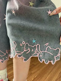GETADME Women High Waist Cute Cartoon Cat Embroidery Jeans Girls Vintage Y2k Clothes Calf Length Denim Pants Harajuku Blue Streetwear