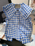 GETADME Zoki Cute Vintage Plaid Shirt Women Loose Sleeveless Summer Sweet Blouse Korean Retro Casual Peter Pan Collar Preppy Style Tops