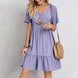 GETADME 2025 Loose V-neck Short Sleeved Pleated Women Dress Solid Color A-line Beach Dresses Elegant Simple Comfortable Woman Clothing