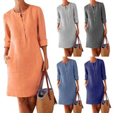 GETADME Women Casual Soild Long Sleeve Cotton And Linen Tunic Dress Vintage Straight Dress Long Sleeve Oversized Mini Knee-Length Dress