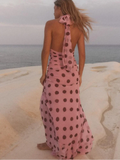 GETADME Pink Chiffon Polka Dot Printing Halter Maxi Dress Women Elegant Sleeveless Backless Skinny Pleated Robe Beach Evening Party Gown