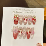 GETADME 10PCS 3D Cherry Bowknot Decor Handmade Press on Nails Glitter Almond Sweet Fake Nails Wearable Blush Cat's Eye False Nails Art