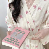 GETADME New Pajamas Women's Spring and Fall Korean Simple and Comfortable Robe Pink Bow Casual Loose Homewear Nightgowns Women's Clothin