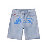 GETADME Summer original color washed flying dog print denim shorts beach trend loose fashion couple quarter pants straight casual pants