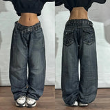 GETADME Gothic New American Fashion Geometric Embroidery Washed Baggy Jeans Women Y2K Harajuku Hip Hop Popular High Waist Wide Leg Pants