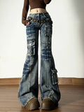GETADME American Vintage Street Style Y2K Jeans Women's High-street Multi-pocket Cargo Flared Floor-grazing Jeans Casual Punk Long Pants