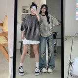 GETADME 아메리칸 레트로 홀펀치 진 여성 하이웨이스트 스트레이트 크로치 루즈 슬림 디자인 하이스트리트 바이브 와이드 레그 드래깅 팬츠