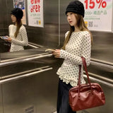 GETADME 새로운 러플 트림 긴팔 티셔츠 물방울 무늬 얇은 내부 탑 스위트 베로 모다