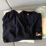 GETADME 자수 강아지 귀여운 패션 잠옷 세트 여성용 플레드 라펠 넥 신축성 허리 디자인 잠옷 짧은 새 캐주얼 잠옷