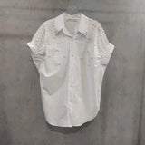 GETADME Pearls Beads Stitch Cotton Short Sleeve Blouses Shirts Women 2025 Spring Summer New Fashion Trend Loose Casual Tops Blusas