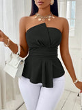GETADME Women's Strapless Top Solid Black Slim Fit Peplum Wrap Front Belted Waist Spring Summer Casual Elegant Top Commuting & Vacation