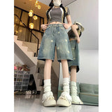 GETADME American Style Vintage Women's Short Jeans High Waisted Washed Wide Leg Denim Pants Woman Fashion Do Old Star Knee Length Shorts