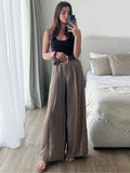 GETADME HipSeam Women Satin Trousers With Belt Spring Summer Simple Women's Pants Versatile Female Loose Pants Pocket Wide Leg Pants