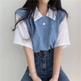 Getadme Summer Academy Style Color Blocking Polo Collar Top Fake Two-piece Short Sleeve T-shirt Women Lazy Loose Casual Versatile Blouse