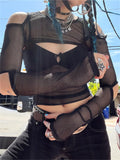 Getadme-Cutout Cold Shoulder Short T-Shirts Women Round Collar Long Sleeve Sun Protection Beach Cover-Up Streetwear Crop Tops