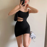 Hot Fashion Women Sexy Bodycon Mini Dress Sleeveless Spaghetti Strap Solid Color Cutout Dress
