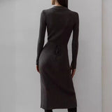GETADME Ladies Lapel Knitted Lace Up Waist Dress for Autumn and Winter Long Sleeved V Neck Ribbed Celebrities Elegant Slim Midi Vestidos