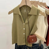 GETADME 여름 시크 아이스 실크 니트 폴로 라펠 씬 슬림핏 실루엣 탱크 아우터 베스트 여성용 숄더 베스트 노슬