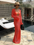 GETADME 2025 Summer Sexy U-neck Bell Sleeve Knit Maxi Dress Women Swimwear Feminine Bikinis Cover-ups Holiday Crochet Beach Dresses K21