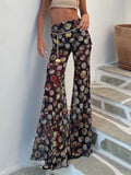 GETADME Mesh Leopard Print Trousers Woman Fashion High Waist Print Wide Leg Pants Female Elegant Printed Long Pants Bottoms