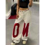 GETADME ZHIZOU Women White Letter Print Y2k Baggy Jeans 2000s Style Denim Trouser Harajuku Vintage Oversize Hip Hop Jeans Pants Autumn