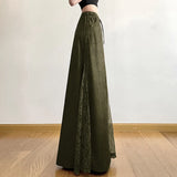 Jupe longue GETADME pour femme, style vintage, en daim, dentelle, ourlet patchwork, fermeture éclair, coupe trapèze, style cyber Y2K chic, cordon de serrage, poches, grunge streetwear.