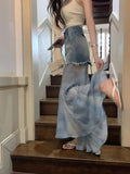 GETADME Summer New Retro Denim 2025 Patchwork Mesh Semi Transparent Fishtail Design High Waisted Ruffled Skirt for Slimming Effect