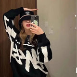 Getadme- Fashionable loose jacquard round neck pullover sweater with large logo letter pattern long sleeve couple high street sweater