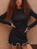 Getadme Elegant Round Neck Pleat Long Sleeve Women's Dress Casual Slim Black White Short Dresses 2025 New Female Chic Party Street Robes