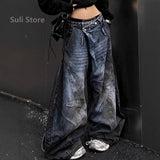 GETADME Blue Womens Jeans High Waist Vintage Design Hip Hop Straight Baggy Denim Pants Street Y2K American Style Wide Leg Denim Trouser