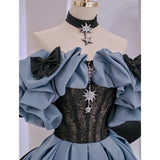 Getadme 블루 새틴 고급 연회 이브닝 드레스 연례 회의 보트넥 커버링 살색 공주 드레스 퍼프 슬리브 볼 가운