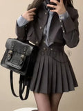 Winter Vintage 3 Piece Set Women Patchwork Kawaii Skirt Suit Female Korean Fashion Short Coat+Pleated Skirt+Striped Shirt 2024