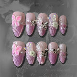 GETADME 24Pcs 3D Strawberry Rabbit Flower Fake Nails Press on Mid-length Almond Wearable False Nails Green Gradient Pearl Manicure Tips