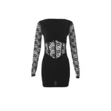 GETADME 니버 블랙 신비로운 섹시 레이스 스티칭 성숙한 피쉬본 아름답고 달콤하고 부드러운 여성용 겨울 긴팔 힙 짧은 드레스